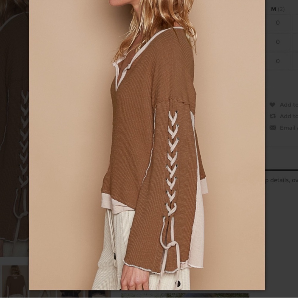 #71 POL Contrasting Color
Block Ribbed Top with Lace up Sleeve - Picture 3 of 9